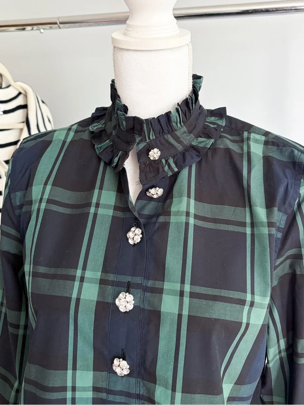 J.Crew Plaid Ruffle Jeweled Blouse 4